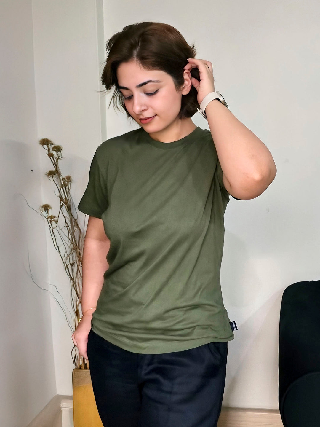 Olive Green 100% Cotton Basic Tee - Women