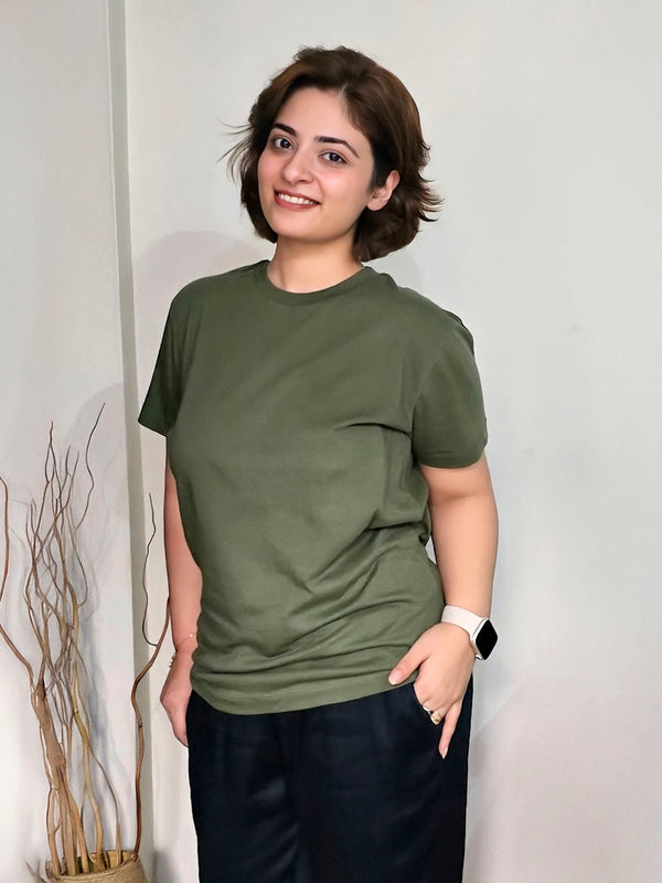 Olive Green 100% Cotton Basic Tee - Women
