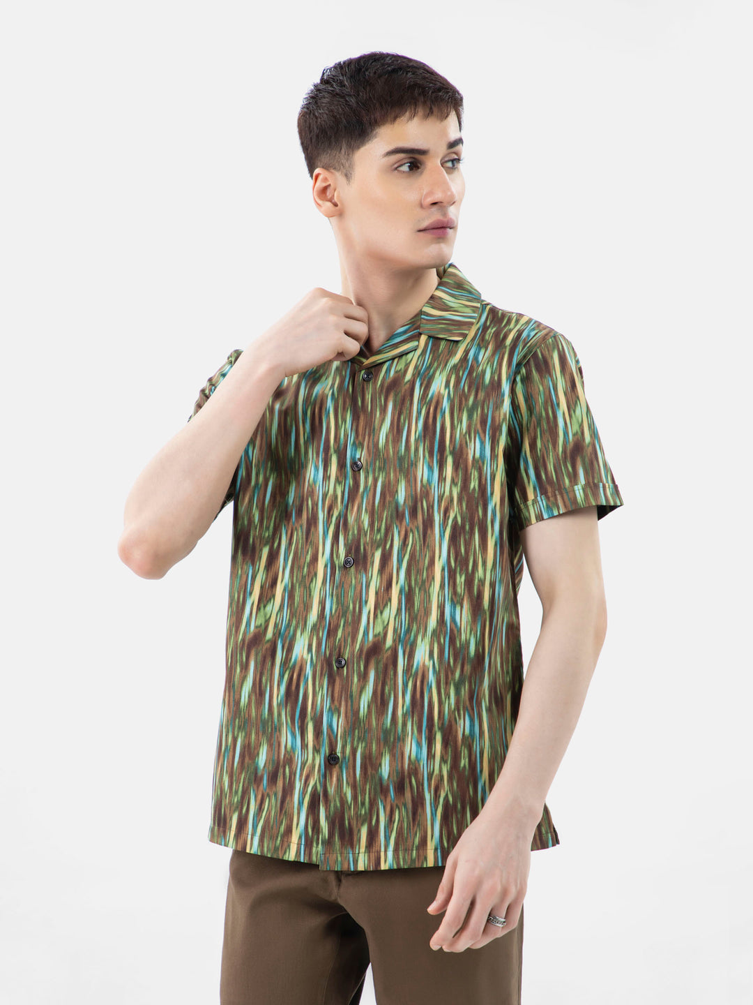 Olive green abstract printed half sleeve cuban collar shirt brumano pakistan