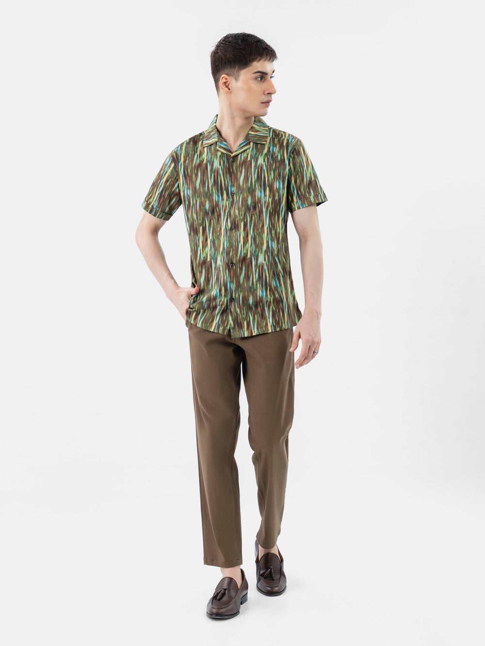 Olive green abstract printed half sleeve cuban collar shirt brumano pakistan