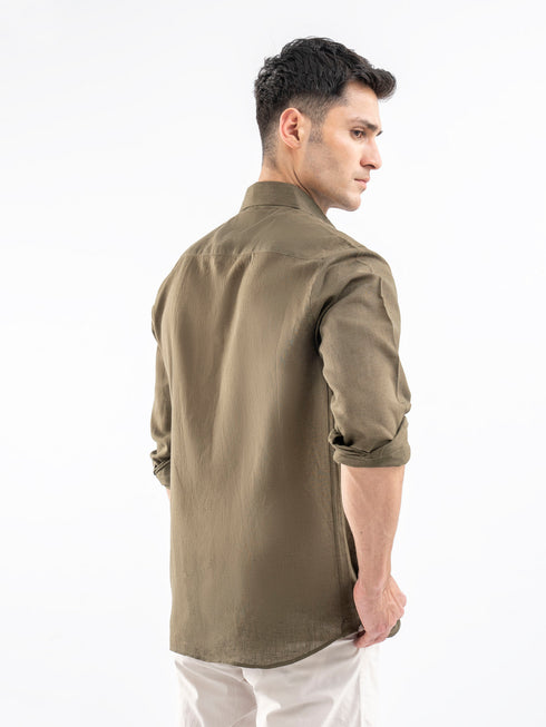 Olive Green Airy Linen Blended Shirt