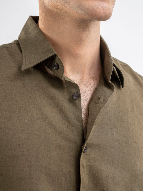 Olive Green Airy Linen Blended Shirt