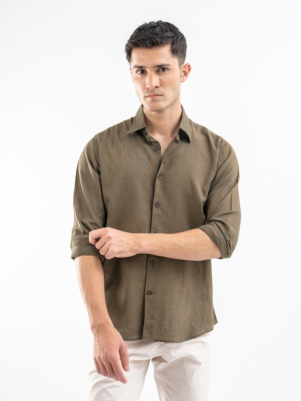 Olive Green Airy Linen Blended Shirt