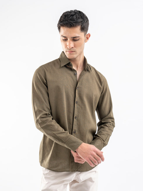 Olive Green Airy Linen Blended Shirt