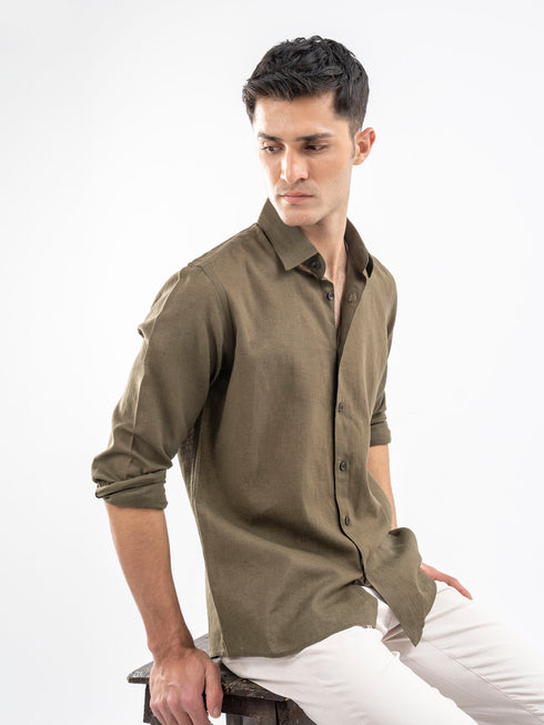 Olive Green Airy Linen Blended Shirt