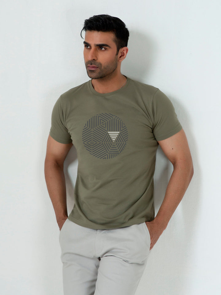 Olive Green Graphic Geometric Printed T-Shirt Brumano Pakistan