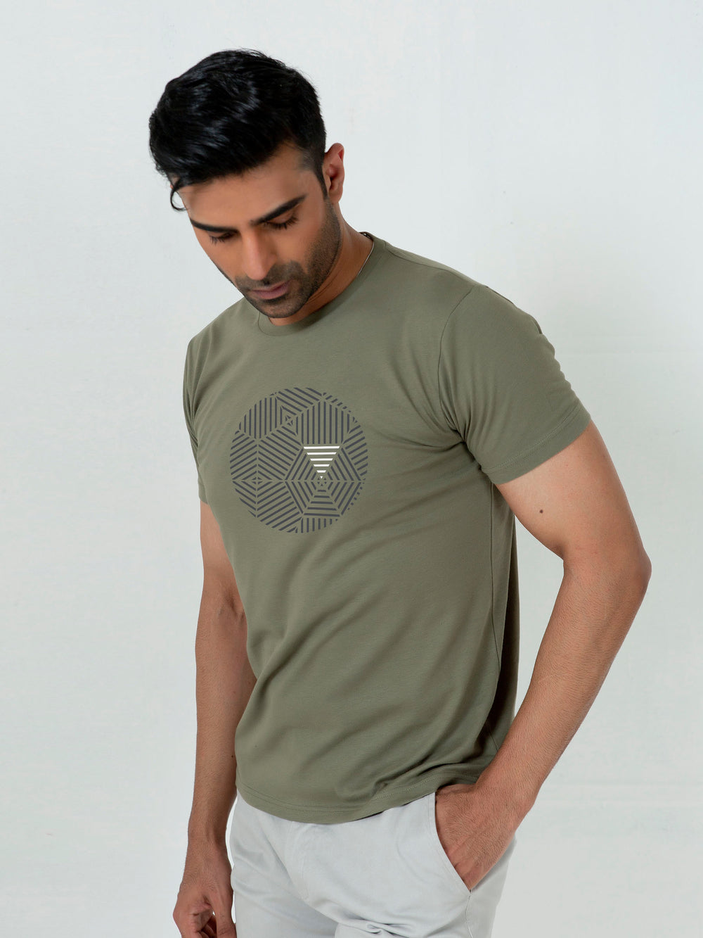 Olive Green Graphic Geometric Printed T-Shirt