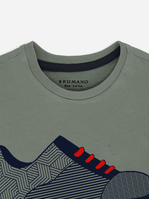 Olive Green Graphic 'Step' Printed Casual Tee Brumano Pakistan