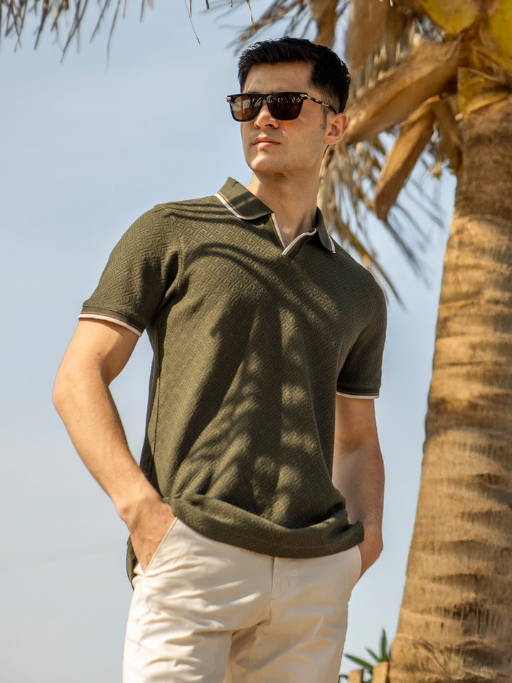 Olive Green Jacquard Structured Tipped V-Neck Polo