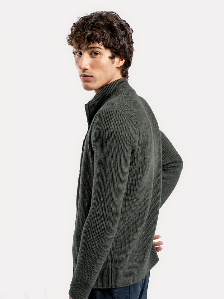 Olive Green Knitted Chunky Zipper Jacket