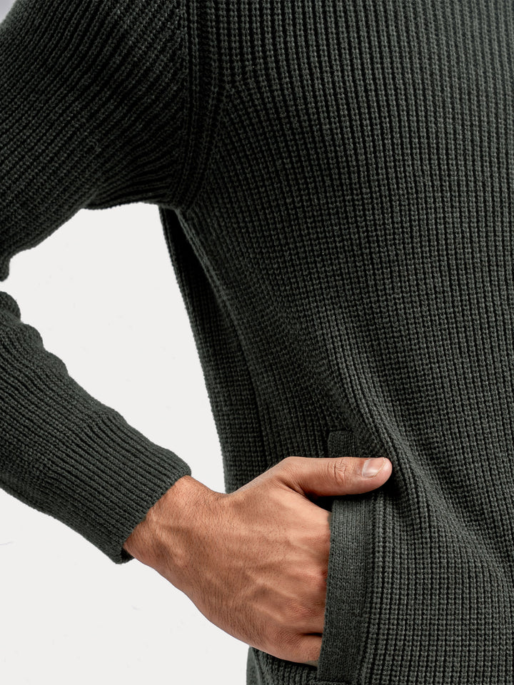 Olive Green Knitted Chunky Zipper Jacket