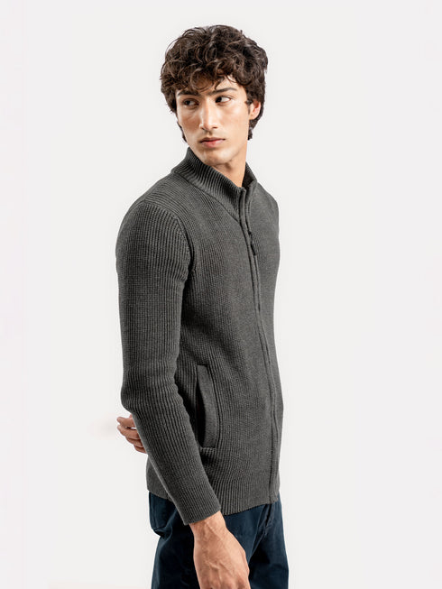 Olive Green Knitted Chunky Zipper Jacket