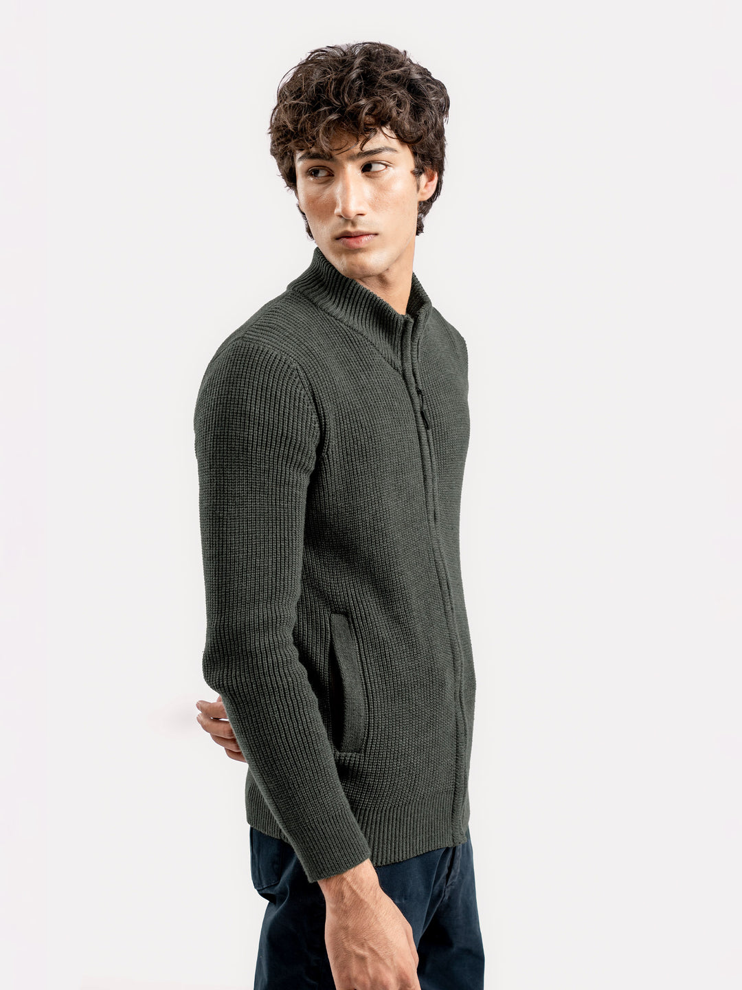 Olive Green Knitted Chunky Zipper Jacket