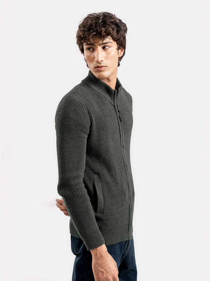 Olive Green Knitted Chunky Zipper Jacket