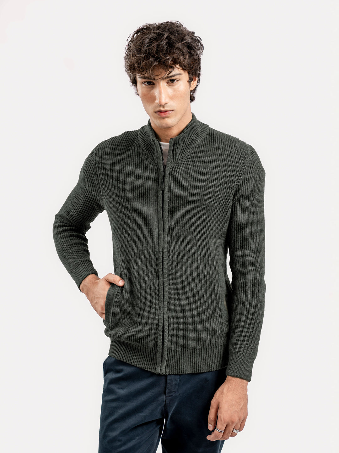 Olive Green Knitted Chunky Zipper Jacket