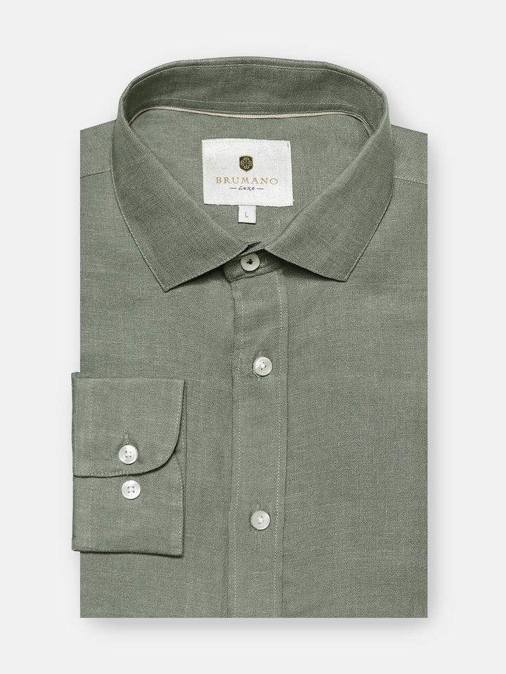Olive Green Linen Blended Formal Shirt - Exclusive