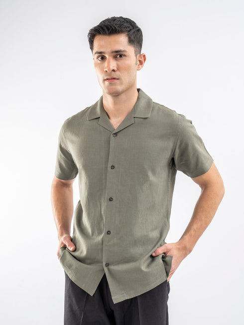 Olive Green Linen Blended Half Sleeve Cuban Collar Shirt