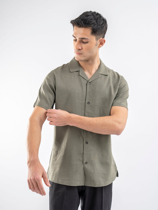 Olive Green Linen Blended Half Sleeve Cuban Collar Shirt