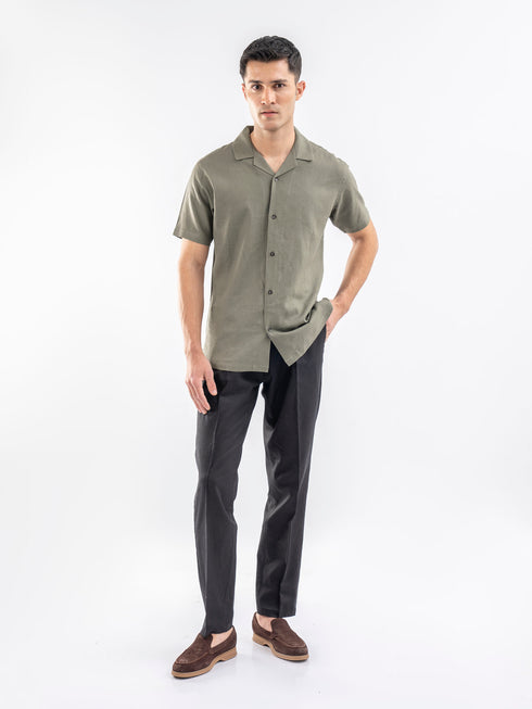 Olive Green Linen Blended Half Sleeve Cuban Collar Shirt