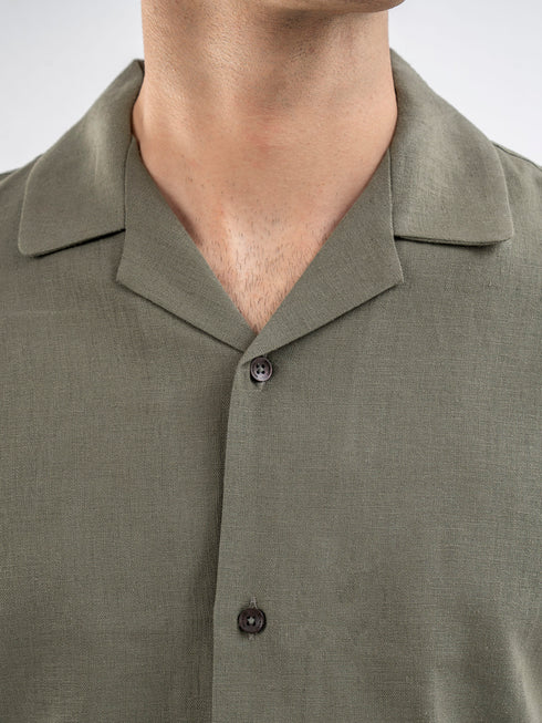 Olive Green Linen Blended Half Sleeve Cuban Collar Shirt