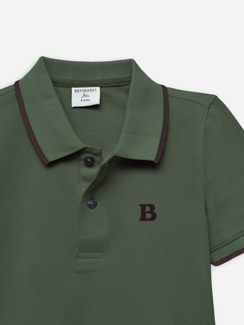 Olive Green Polo With Tipping Collar