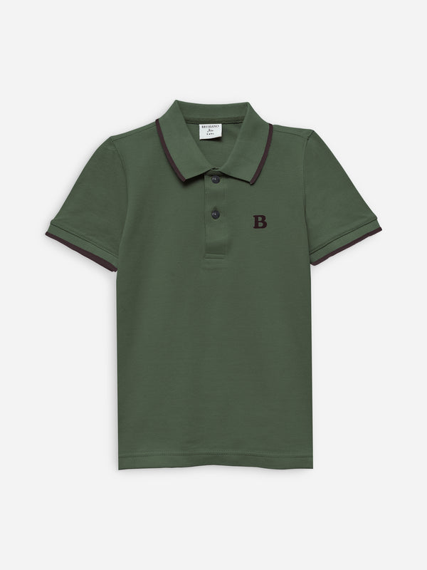 Olive Green Polo With Tipping Collar