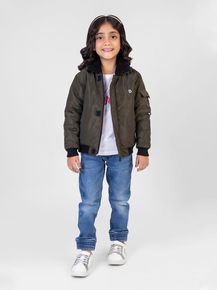 Olive Green Quilted Casual Jacket With Sherpa Collar