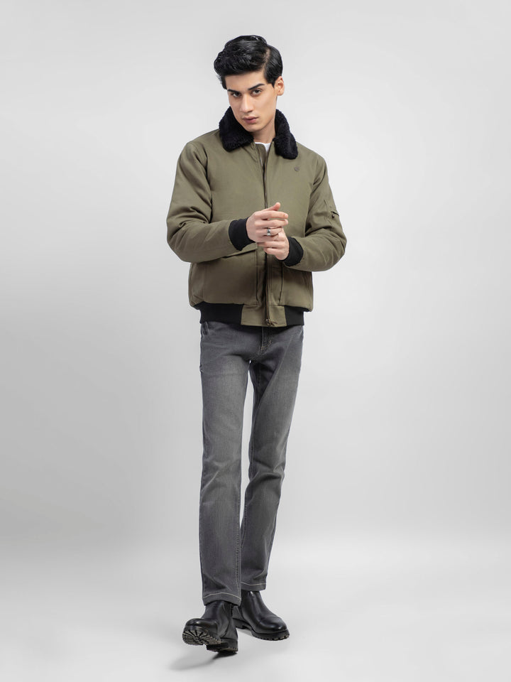 Olive Green Sherpa Collar Aviator Jacket