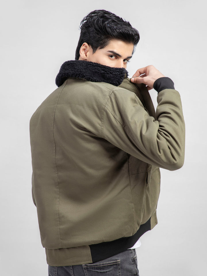 Olive Green Sherpa Collar Aviator Jacket