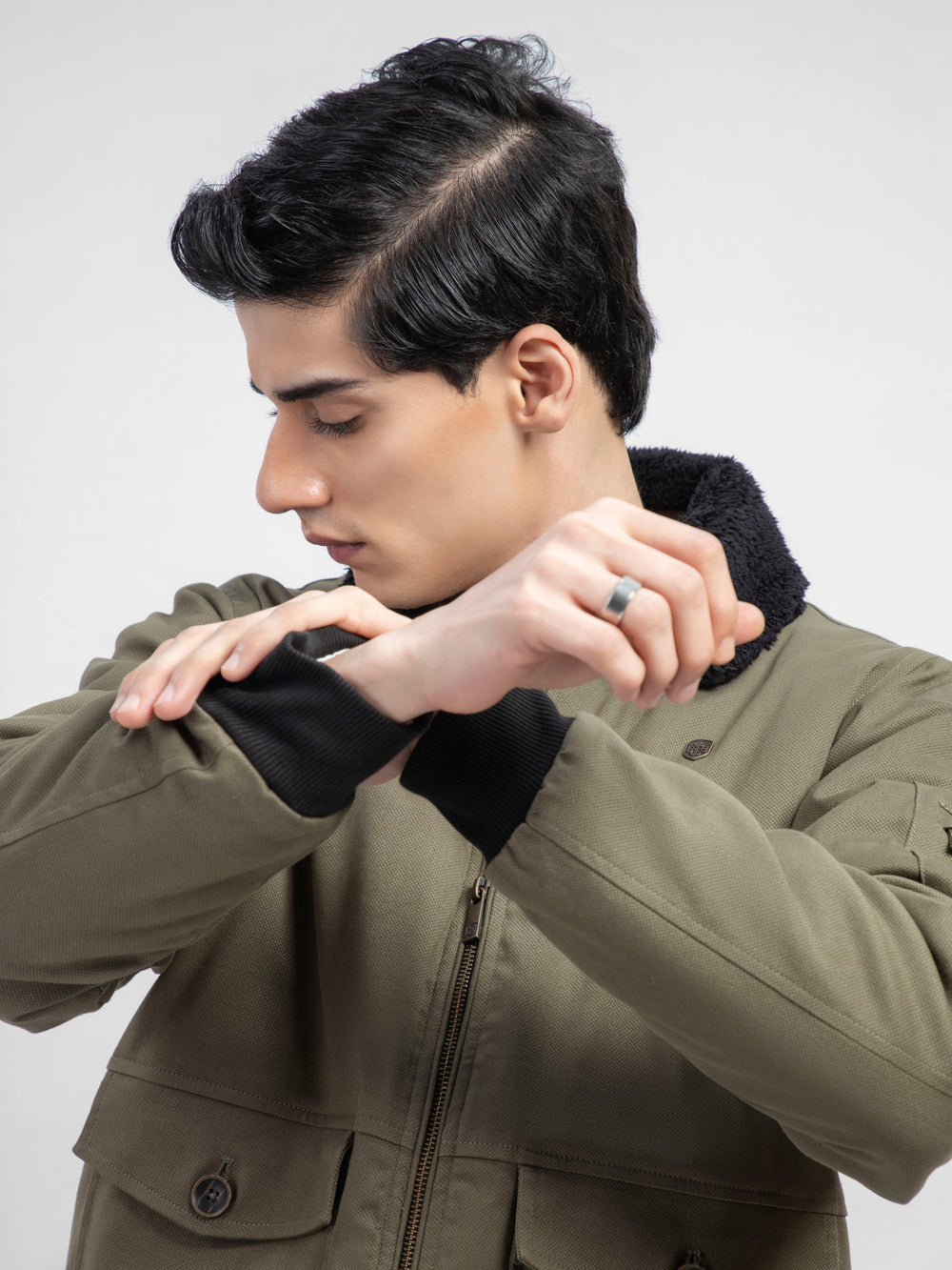 Olive Green Sherpa Collar Aviator Jacket
