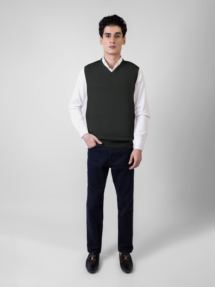 Olive Green Sleeveless V-Neck Sweater