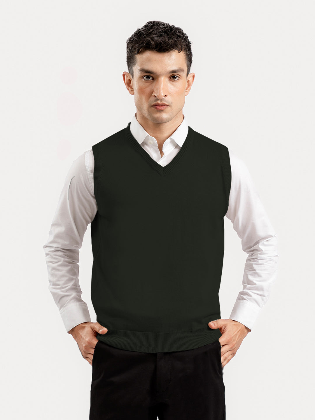 Olive Green Sleeveless V-Neck Sweater