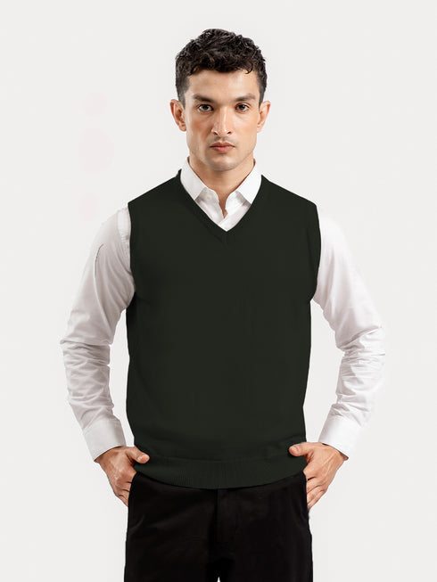 Olive Green Sleeveless V-Neck Sweater