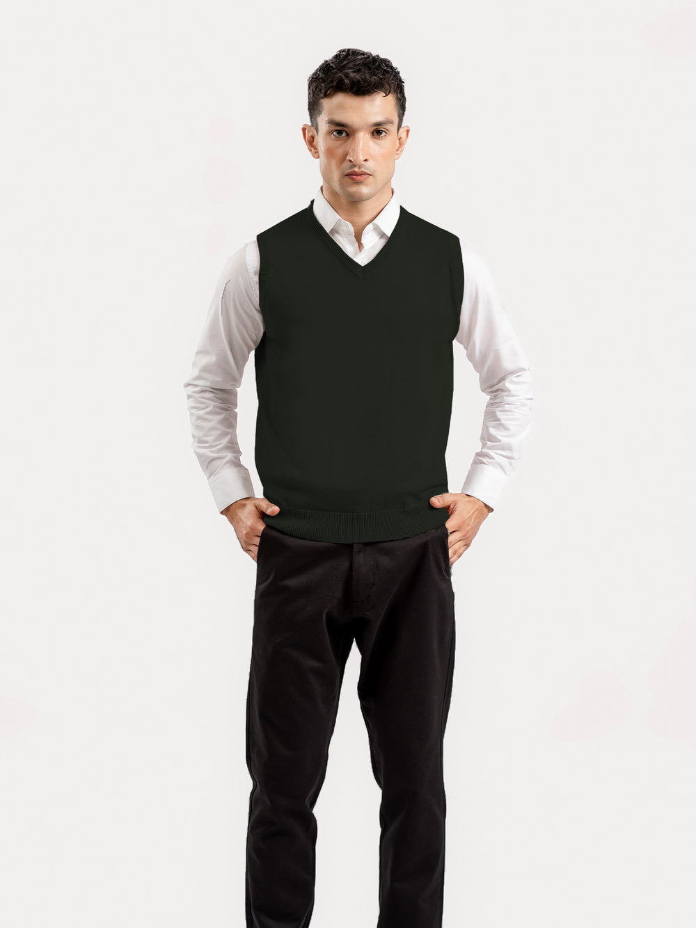 Olive Green Sleeveless V-Neck Sweater