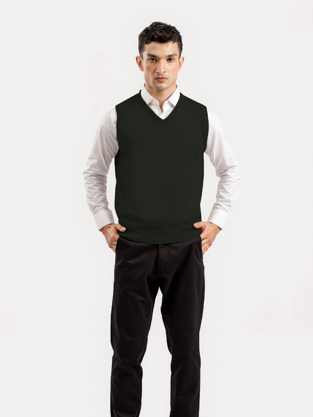Olive Green Sleeveless V-Neck Sweater