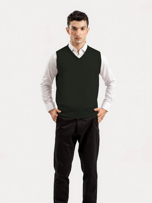 Olive Green Sleeveless V-Neck Sweater