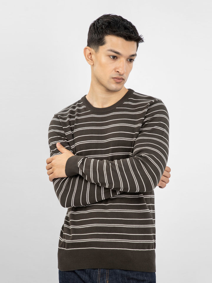 Olive Green Striped Crew Neck Jumper