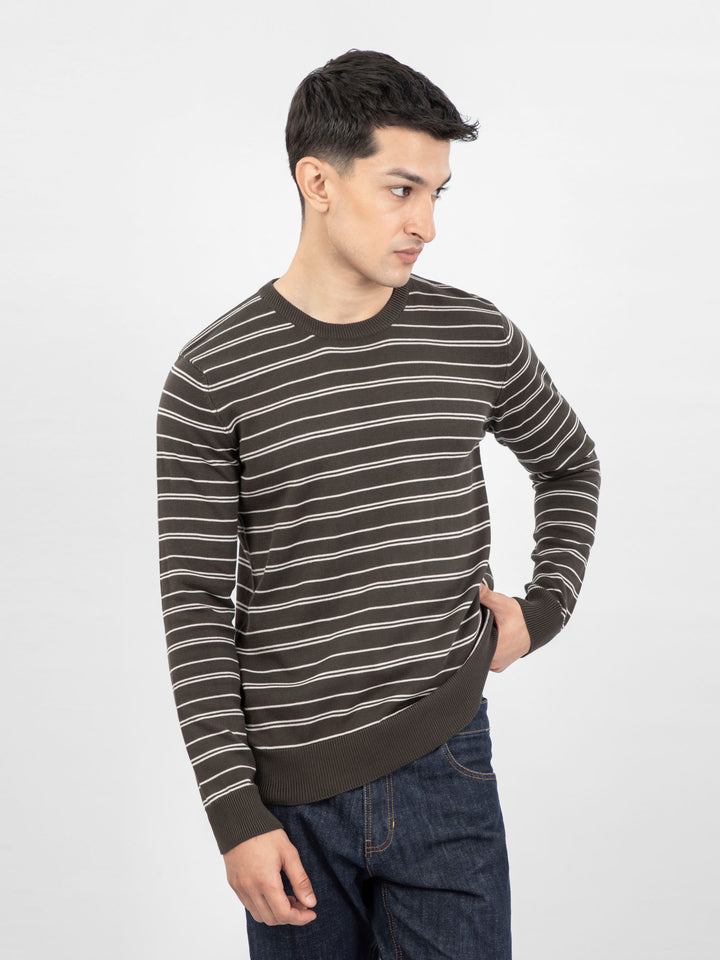 Olive Green Striped Crew Neck Jumper