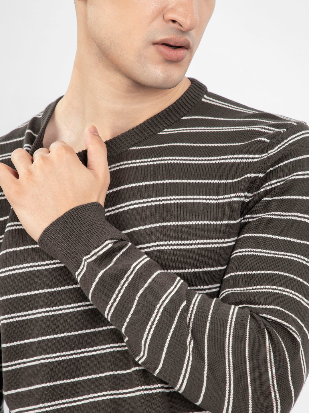 Olive Green Striped Crew Neck Jumper