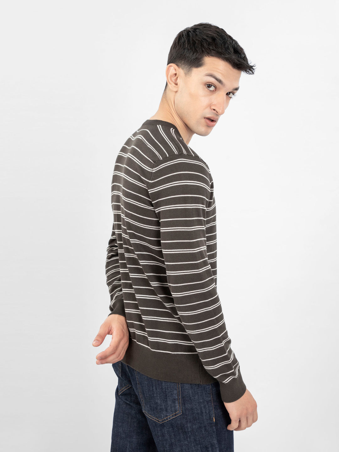 Olive Green Striped Crew Neck Jumper