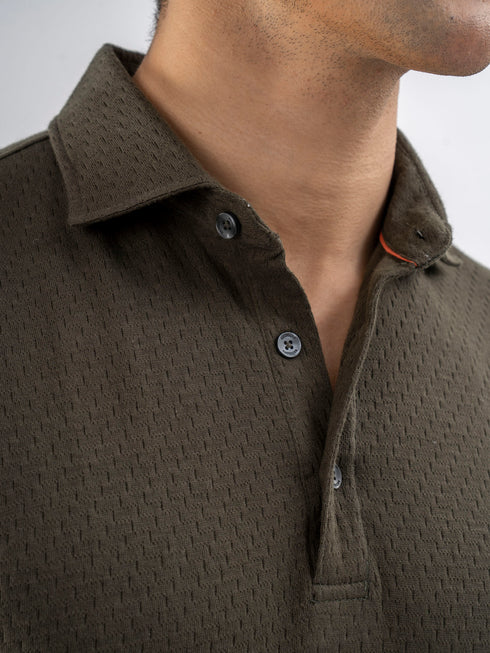 Olive Green Structured Polo With Cutaway Collar