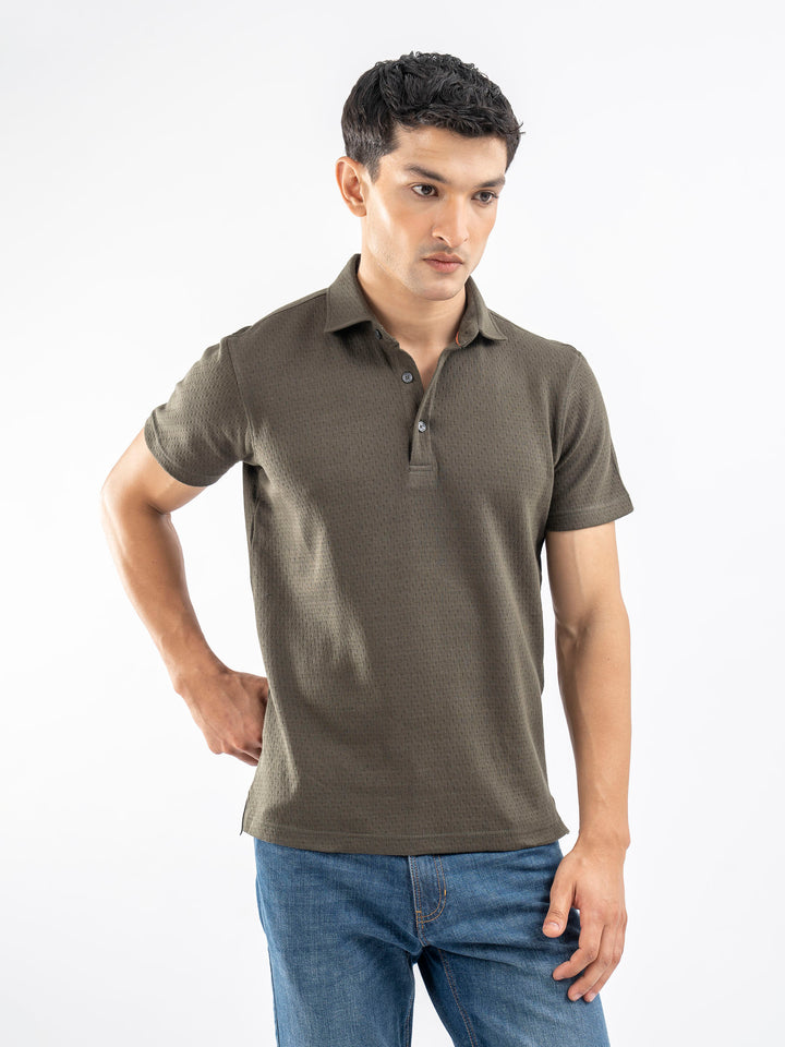 Olive Green Structured Polo With Cutaway Collar