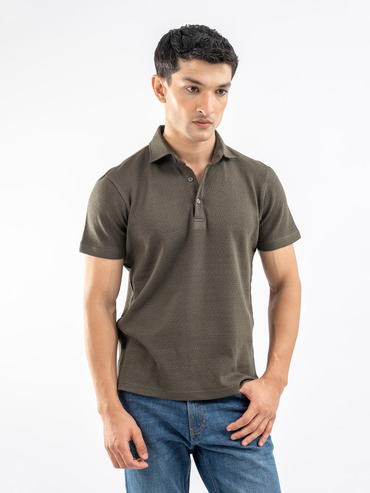 Olive Green Structured Polo With Cutaway Collar