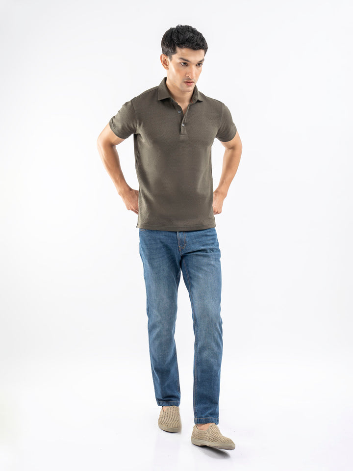 Olive Green Structured Polo With Cutaway Collar