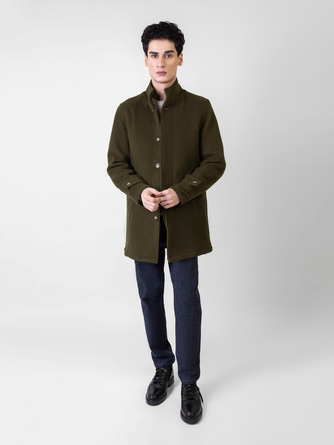 Olive Green Wool Blended Long Coat