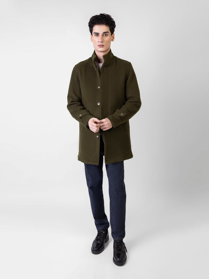 Olive Green Wool Blended Long Coat