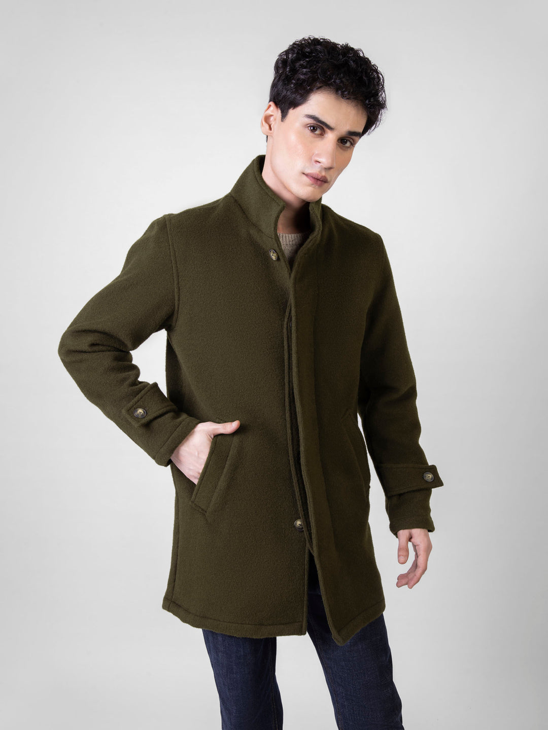 Olive Green Wool Blended Long Coat
