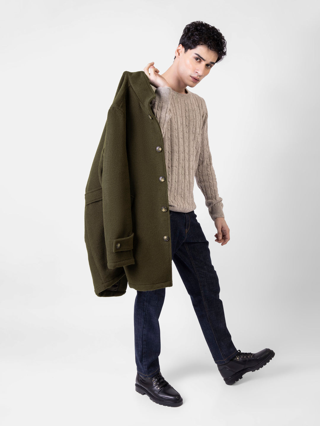 Olive Green Wool Blended Long Coat