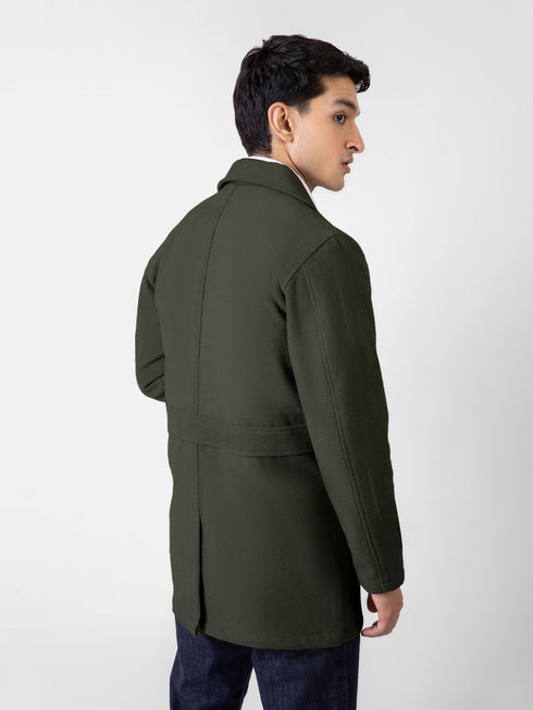 Olive Green Wool Blended Long Coat With Collar