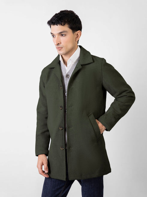 Olive Green Wool Blended Long Coat With Collar